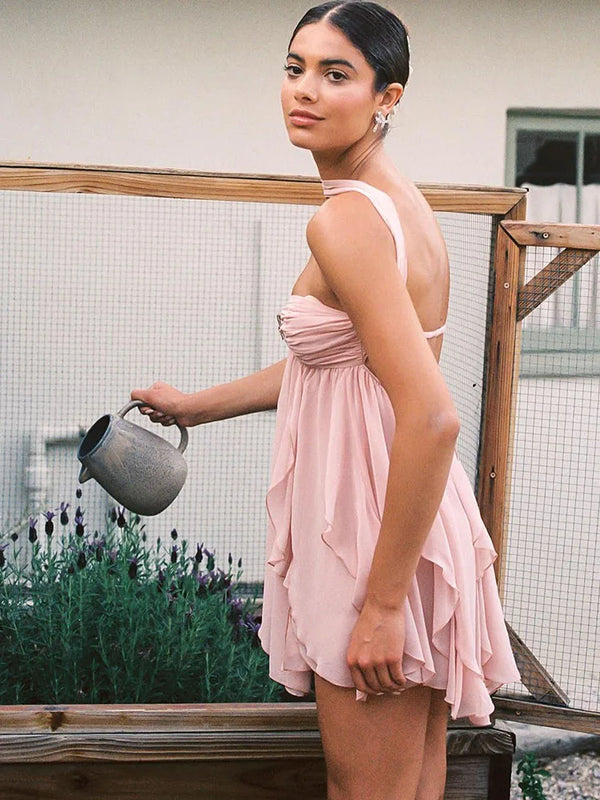 Vestido de Festa Curto de Chiffon Drapeado Tomara que Caia com Detalhe de Estrela de Cristal – Céleste VIEUX OFICIAL