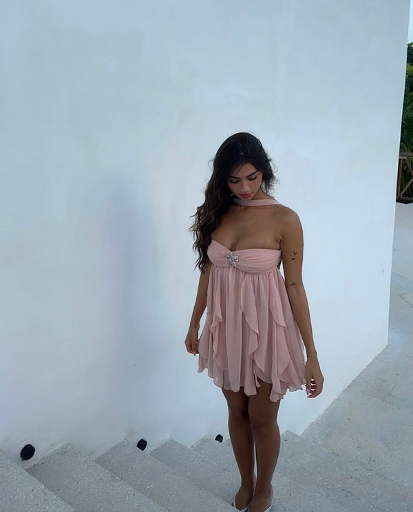 Vestido de Festa Curto de Chiffon Drapeado Tomara que Caia com Detalhe de Estrela de Cristal – Céleste VIEUX OFICIAL