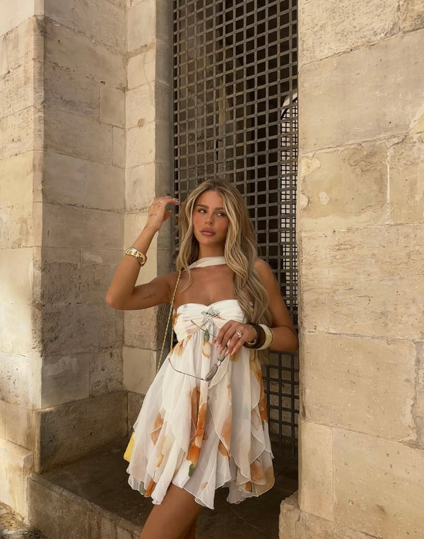 Vestido de Festa Curto de Chiffon Drapeado Tomara que Caia com Detalhe de Estrela de Cristal – Céleste VIEUX OFICIAL