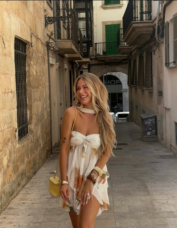 Vestido de Festa Curto de Chiffon Drapeado Tomara que Caia com Detalhe de Estrela de Cristal – Céleste VIEUX OFICIAL