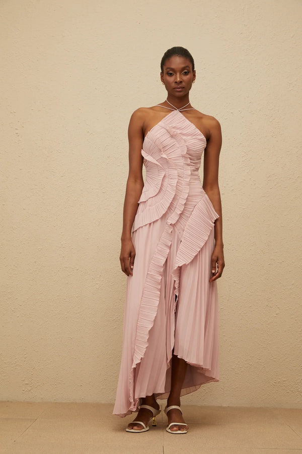 Vestido de Festa Longo Plissado Assimétrico com Babado Escultural – Galerie VIEUX OFICIAL