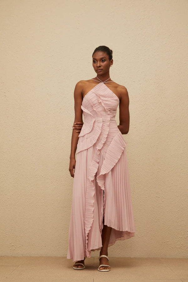 Vestido de Festa Longo Plissado Assimétrico com Babado Escultural – Galerie VIEUX OFICIAL