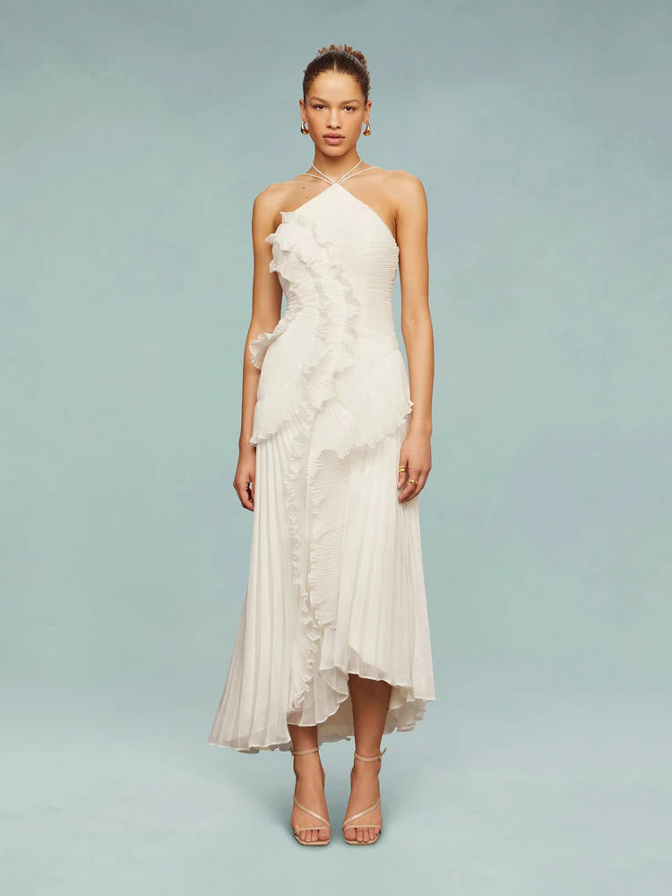 Vestido de Festa Longo Plissado Assimétrico com Babado Escultural – Galerie VIEUX OFICIAL