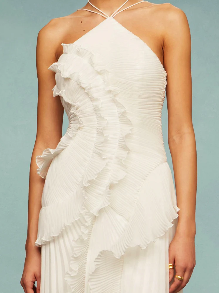 Vestido de Festa Longo Plissado Assimétrico com Babado Escultural – Galerie VIEUX OFICIAL