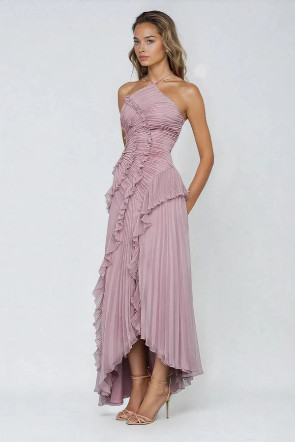 Vestido de Festa Longo Plissado Assimétrico com Babado Escultural – Galerie VIEUX OFICIAL