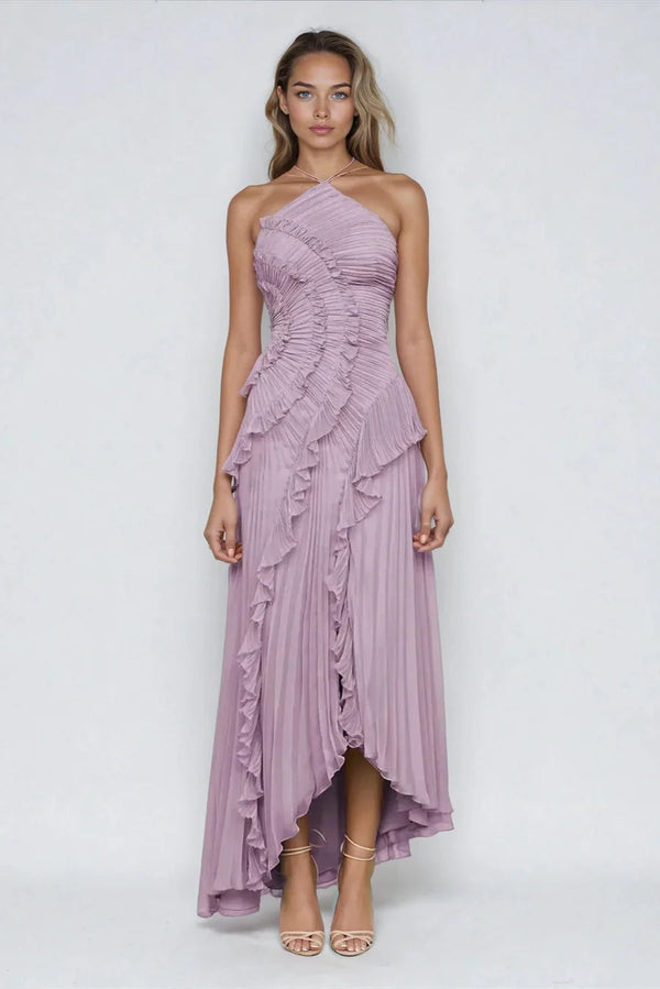 Vestido de Festa Longo Plissado Assimétrico com Babado Escultural – Galerie VIEUX OFICIAL