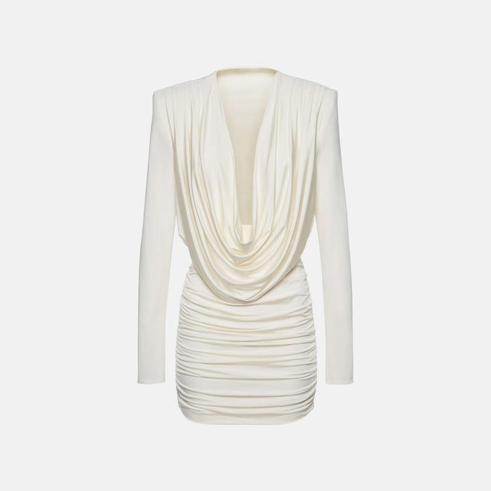 Vestido longo de festa plissado frente única com barra assimétrica branco Été VIEUX OFICIAL