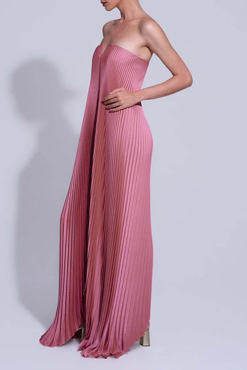Vestido de Festa Longo Plissado Metalizado Tomara que Caia Evasê – Olympia