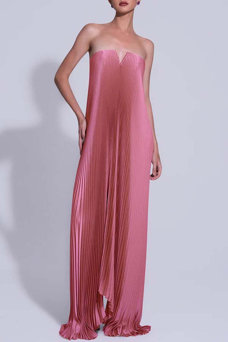 Vestido de Festa Longo Plissado Metalizado Tomara que Caia Evasê – Olympia