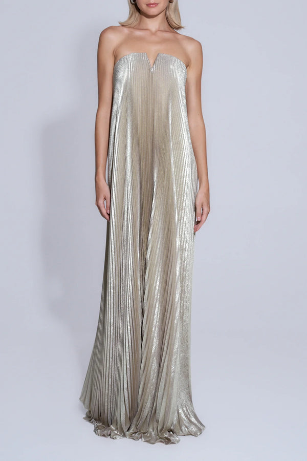 Vestido de Festa Longo Plissado Metalizado Tomara que Caia Evasê – Olympia VIEUX OFICIAL