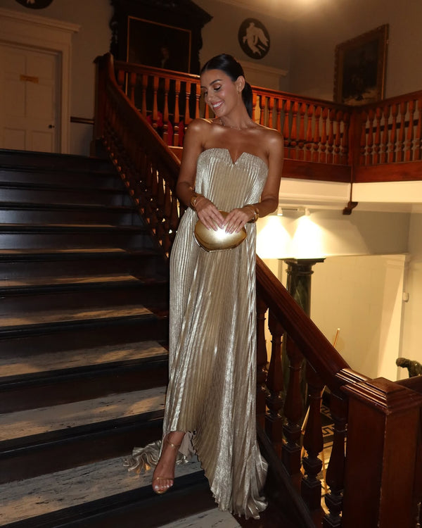 Vestido de Festa Longo Plissado Metalizado Tomara que Caia Evasê – Olympia VIEUX OFICIAL
