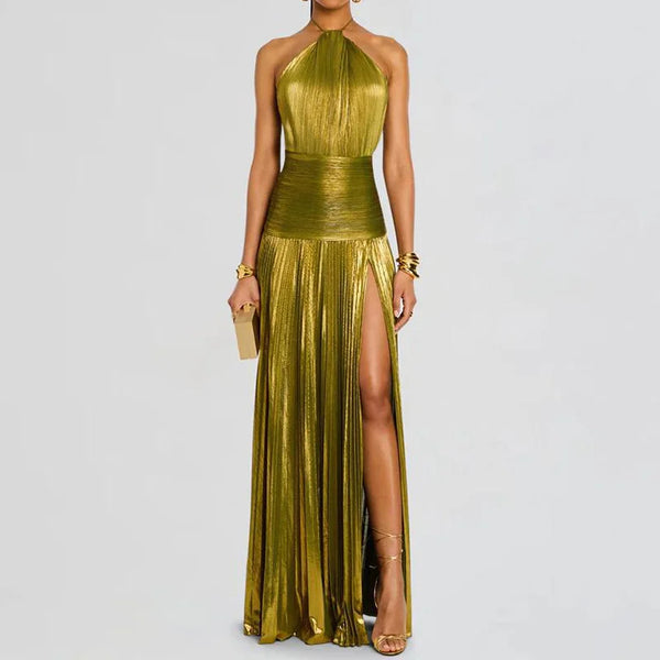 Vestido de Festa Longo Plissado Metalizado com Fenda e Decote Frente Única – Athenée VIEUX OFICIAL