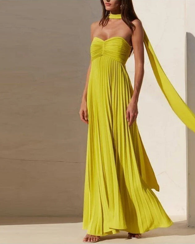 Vestido de Festa Longo Plissado Tomara que Caia com Corpete Drapeado – Aurore VIEUX OFICIAL