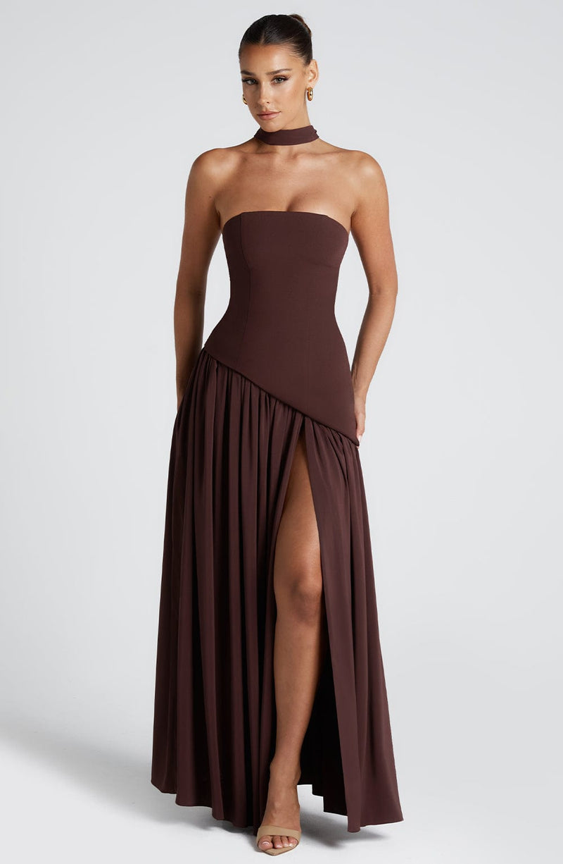 Vestido longo de festa assimétrico com saia plissada marrom Bellucci VIEUX OFICIAL