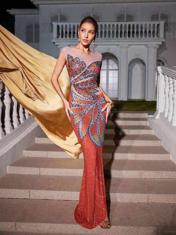 Vestido de festa longo vermelho bordado à mão com transparência e pedrarias Picard VIEUX OFICIAL