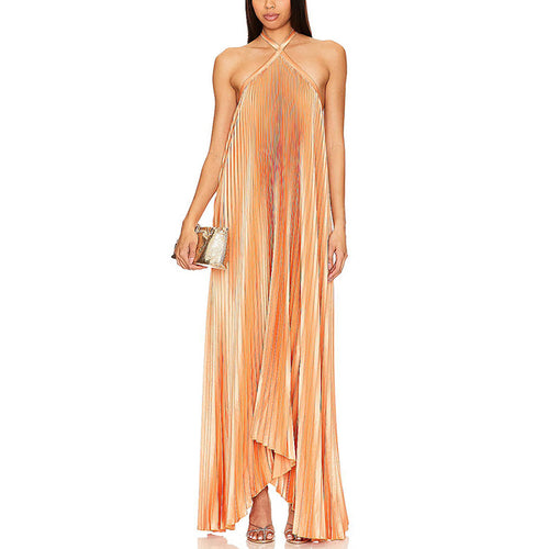 Vestido longo de festa laranja com franjas de lurex e recortes laterais Flambé VIEUX OFICIAL