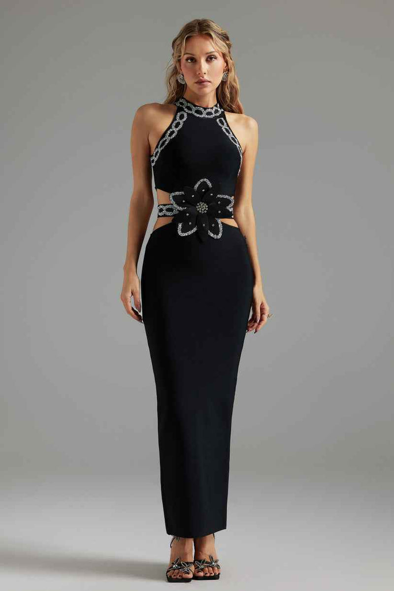Vestido de festa longo com recortes na cintura e aplicação de flor de cristal preto Soie VIEUX OFICIAL