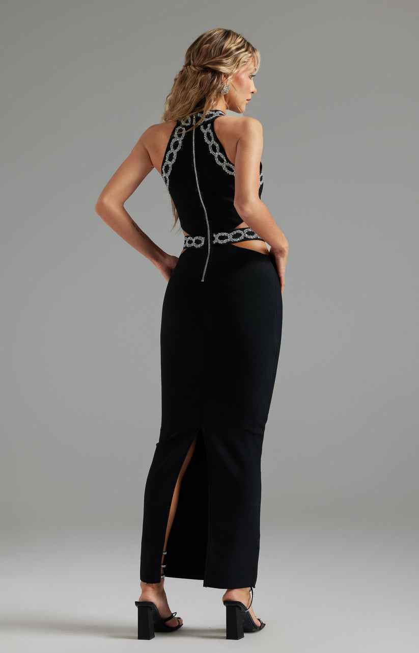 Vestido de Festa Longo com Recortes na Cintura e Aplicação de Flor de Cristal – Soie VIEUX OFICIAL