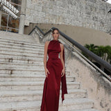 Vestido de Festa Longo de Cetim Frente Única com Echarpe – Versailles VIEUX OFICIAL