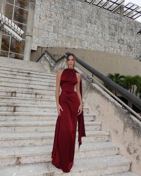 Vestido de Festa Longo de Cetim Frente Única com Echarpe – Versailles VIEUX OFICIAL