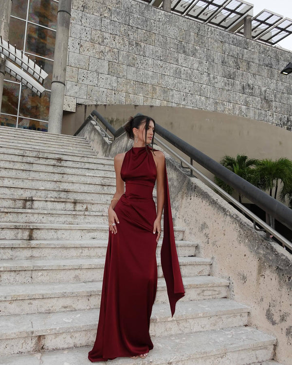 Vestido de Festa Longo de Cetim Frente Única com Echarpe – Versailles VIEUX OFICIAL