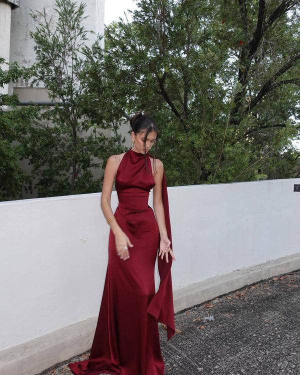Vestido de Festa Longo de Cetim Frente Única com Echarpe – Versailles VIEUX OFICIAL
