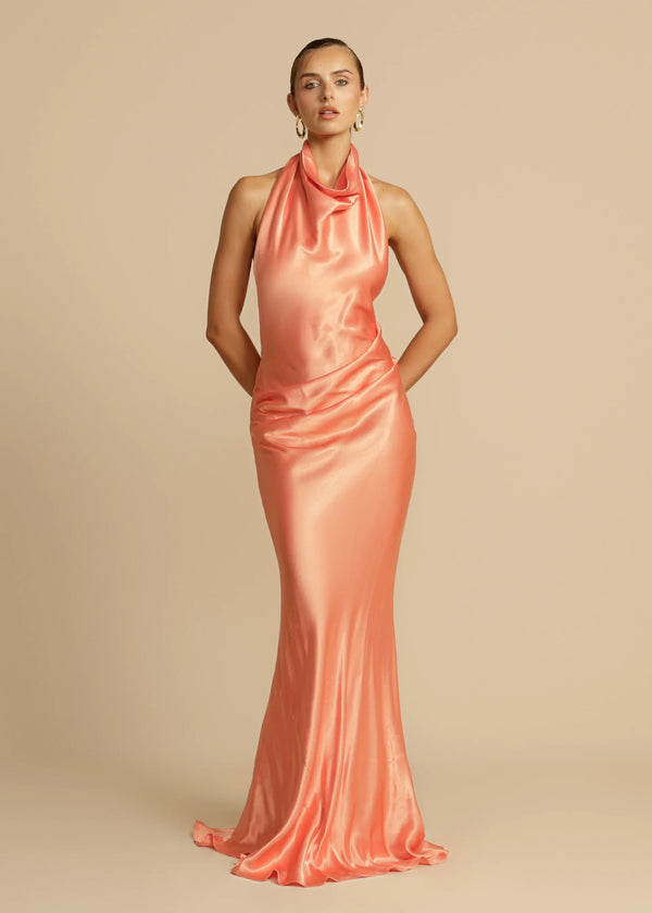 Vestido de Festa Longo de Cetim com Costas Nuas e Decote Frente Única – Gaia VIEUX OFICIAL