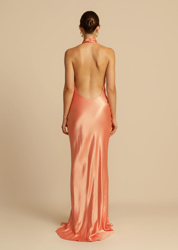 Vestido de Festa Longo de Cetim com Costas Nuas e Decote Frente Única – Gaia VIEUX OFICIAL