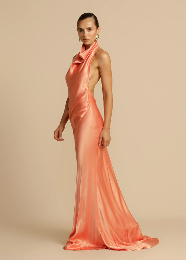 Vestido de Festa Longo de Cetim com Costas Nuas e Decote Frente Única – Gaia VIEUX OFICIAL