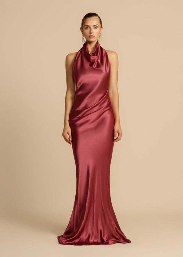 Vestido de Festa Longo de Cetim com Costas Nuas e Decote Frente Única – Gaia VIEUX OFICIAL