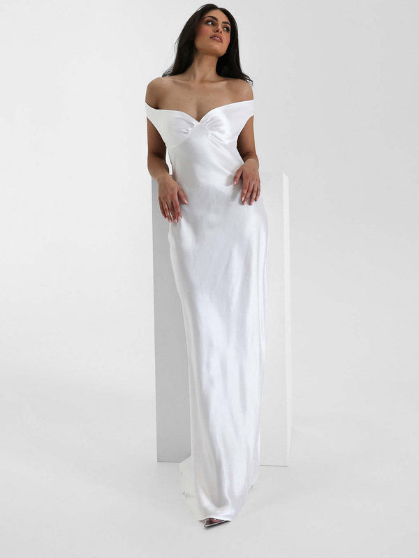 Vestido de Festa Longo de Cetim com Decote Coração Ombro a Ombro – Cannes VIEUX OFICIAL