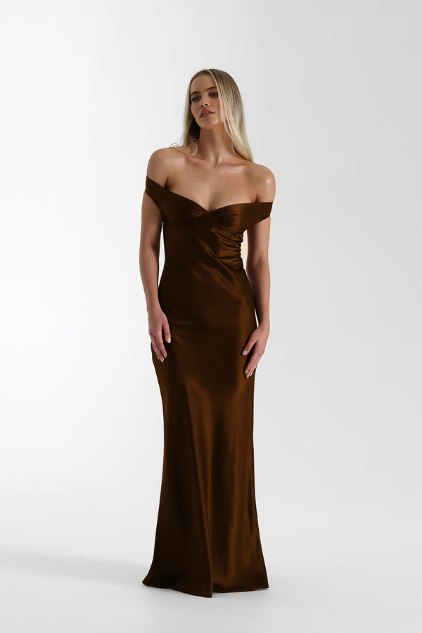 Vestido de Festa Longo de Cetim com Decote Coração Ombro a Ombro – Cannes VIEUX OFICIAL