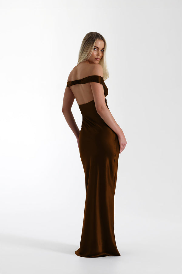 Vestido de Festa Longo de Cetim com Decote Coração Ombro a Ombro – Cannes VIEUX OFICIAL