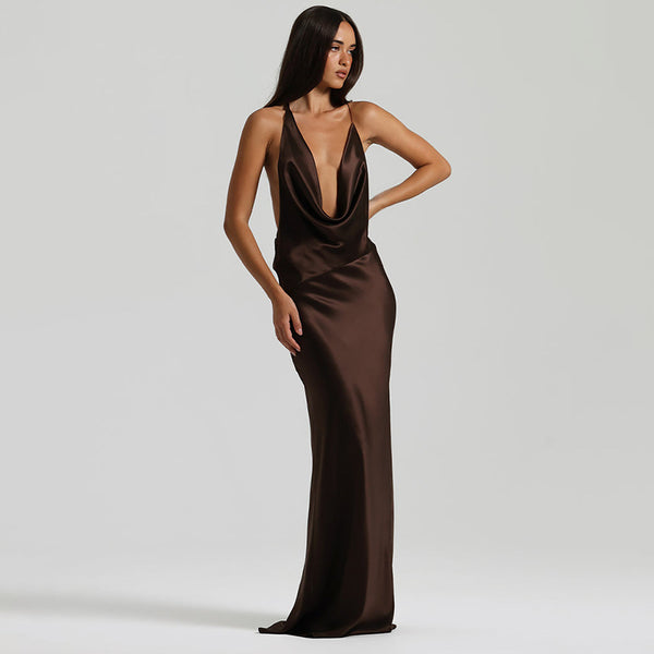 Vestido de Festa Longo de Cetim com Decote Degagê Costas Nuas – Monroe VIEUX OFICIAL