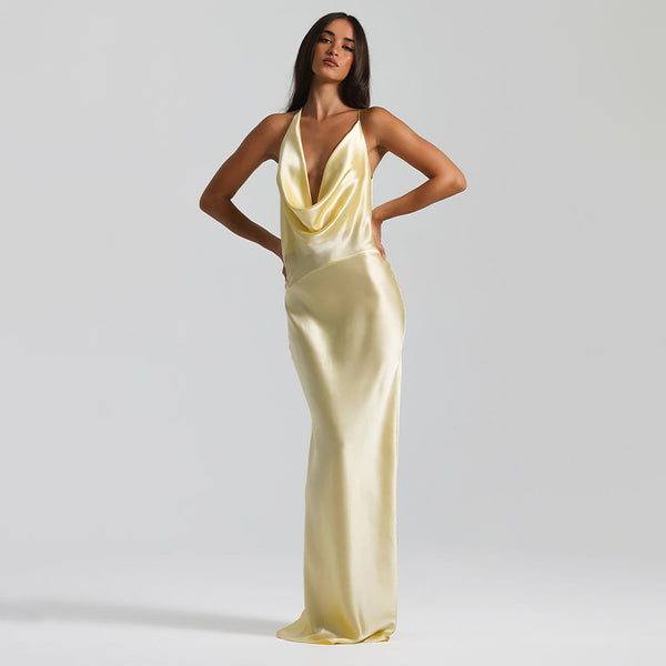 Vestido de Festa Longo de Cetim com Decote Degagê Costas Nuas – Monroe VIEUX OFICIAL