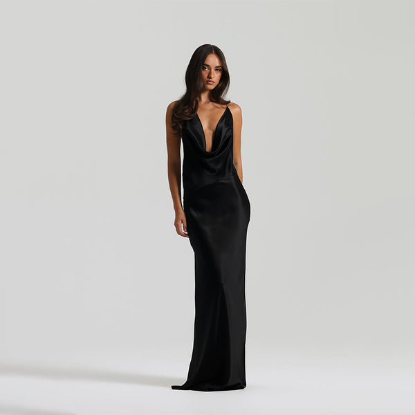 Vestido de Festa Longo de Cetim com Decote Degagê Costas Nuas – Monroe VIEUX OFICIAL