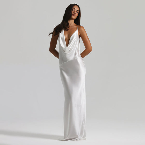Vestido de Festa Longo de Cetim com Decote Degagê Costas Nuas – Monroe VIEUX OFICIAL