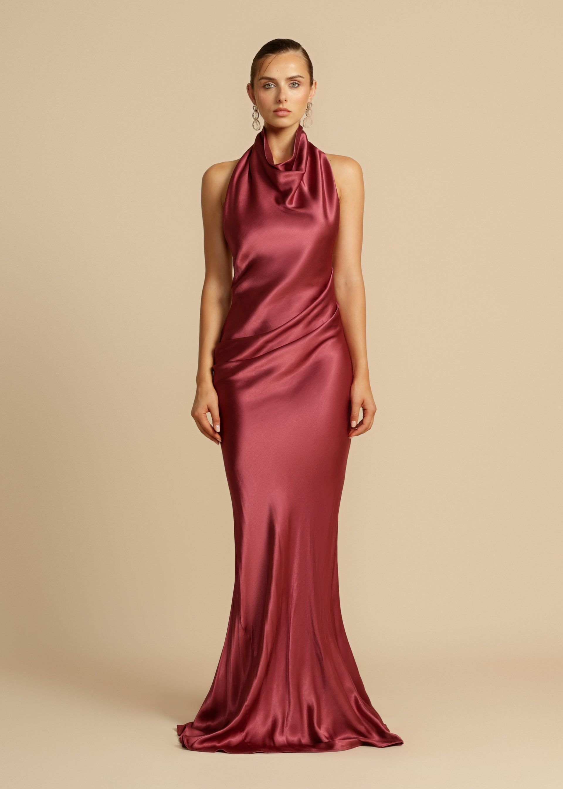 Vestido de Festa Longo de Cetim com Gola Drapê – Aphrodite VIEUX OFICIAL
