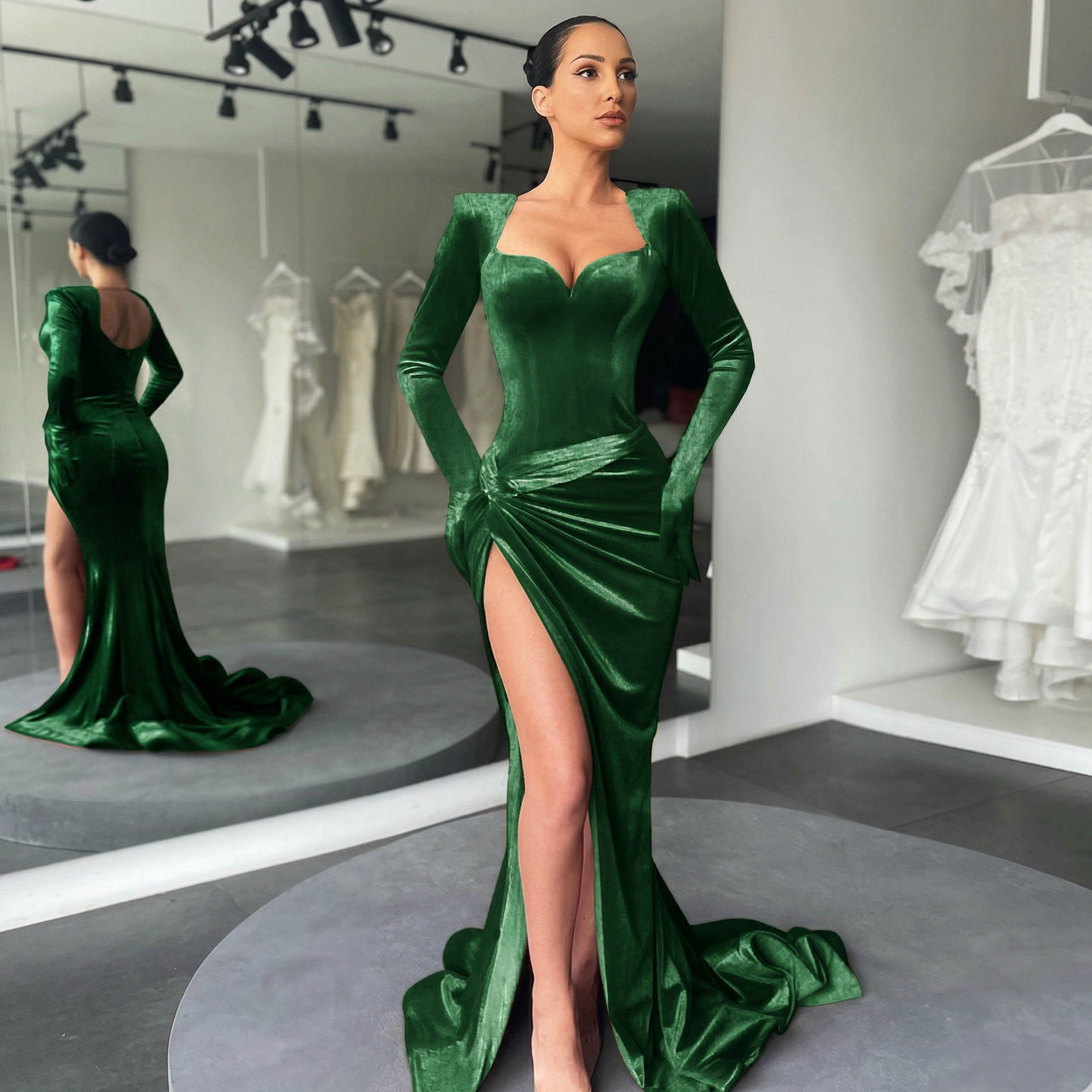 Vestido de Festa Longo de Veludo com Fenda e Manga Longa – Geneviève - VIEUX OFICIAL