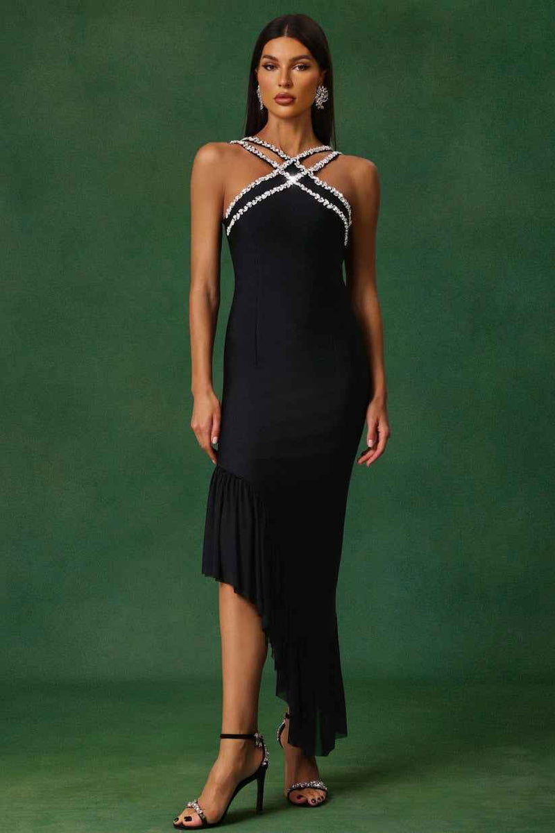 Vestido de festa midi assimétrico com alças de cristal e babado em cascata preto Lavande VIEUX OFICIAL