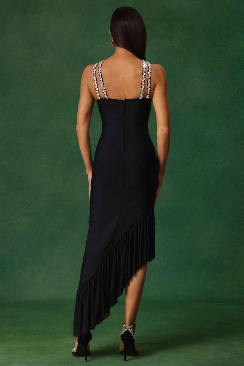 Vestido de Festa Midi Assimétrico com Alças de Cristal e Babado em Cascata – Lavande VIEUX OFICIAL
