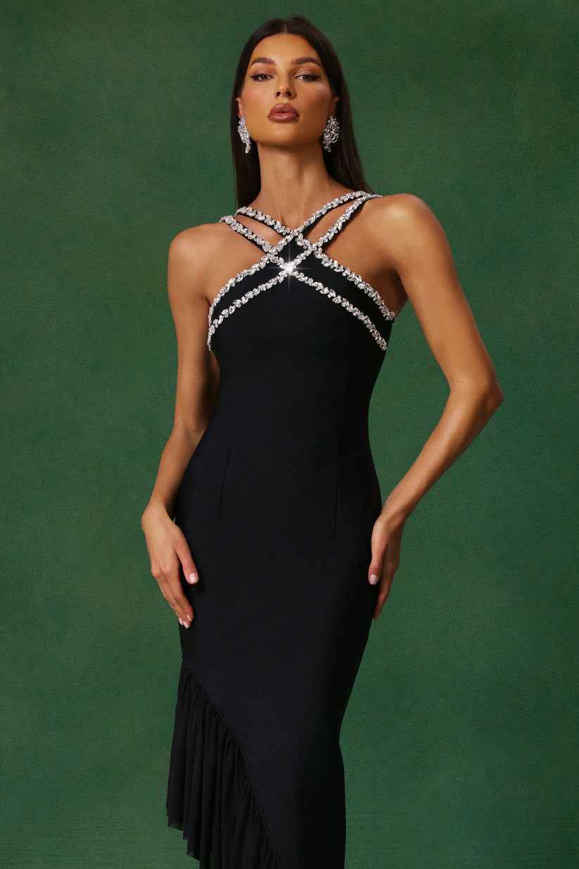 Vestido de Festa Midi Assimétrico com Alças de Cristal e Babado em Cascata – Lavande VIEUX OFICIAL