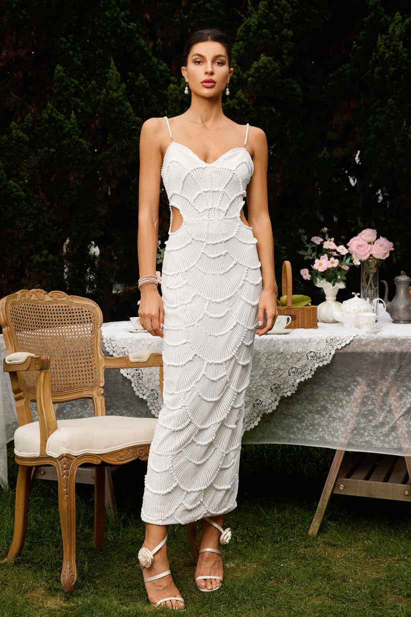 Vestido de Festa Midi Bordado com Pérolas, Recortes Laterais e Alças de Brilho – Ambre VIEUX OFICIAL