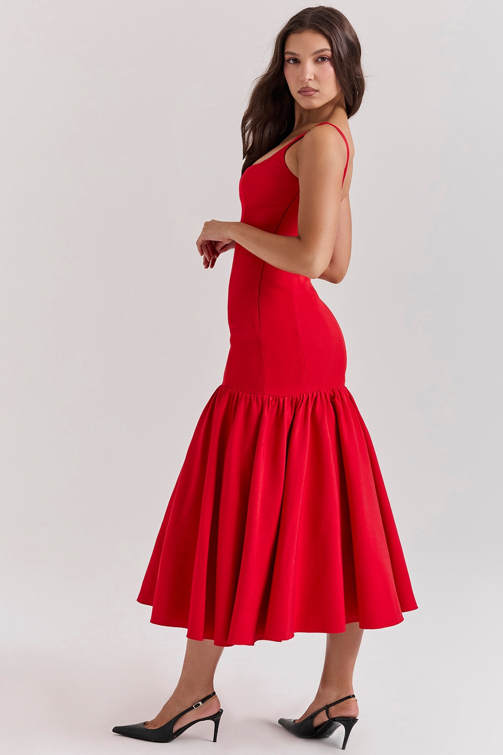 Vestido de Festa Midi Estruturado com Corpete Justo e Saia Balonê Escultural – Rouge VIEUX OFICIAL