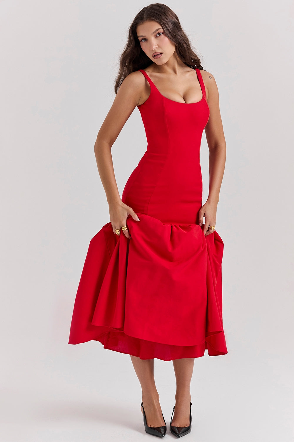 Vestido de Festa Midi Estruturado com Corpete Justo e Saia Balonê Escultural – Rouge VIEUX OFICIAL