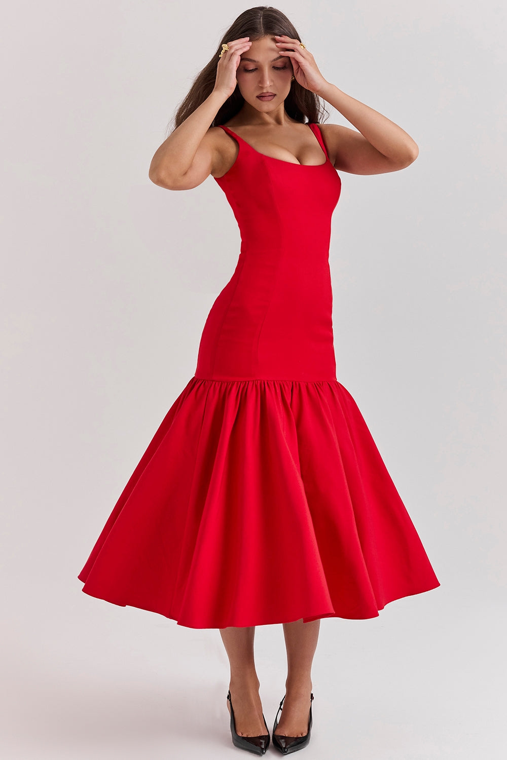 Vestido de Festa Midi Estruturado com Corpete Justo e Saia Balonê Escultural – Rouge VIEUX OFICIAL