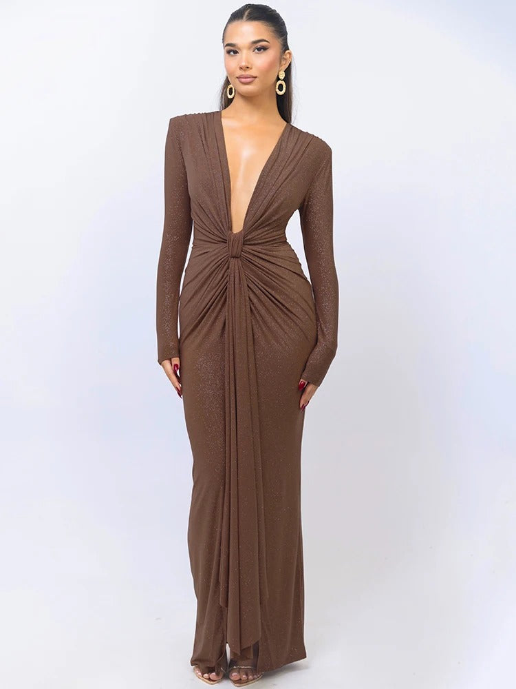 Vestido de Festa Longo de Lurex Drapeado com Decote V Profundo e Ombreiras – Nocturne - VIEUX OFICIAL