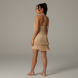 Vestido de Festa Curto com Franjas Metalizadas e Decote Halter Feminino Dourado – Montmartre