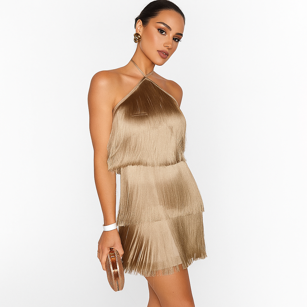 Vestido de Festa Curto com Franjas Metalizadas e Decote Halter Feminino Dourado – Montmartre - VIEUX OFICIAL