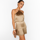 Vestido de Festa Curto com Franjas Metalizadas e Decote Halter Feminino Dourado – Montmartre - VIEUX OFICIAL